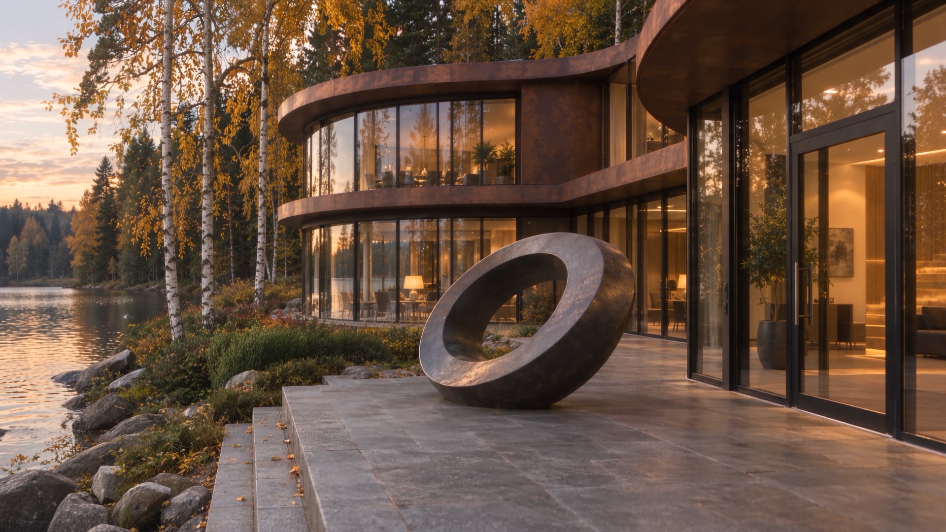Film still showing the proposed institute’s copper facade and entrance sculpture