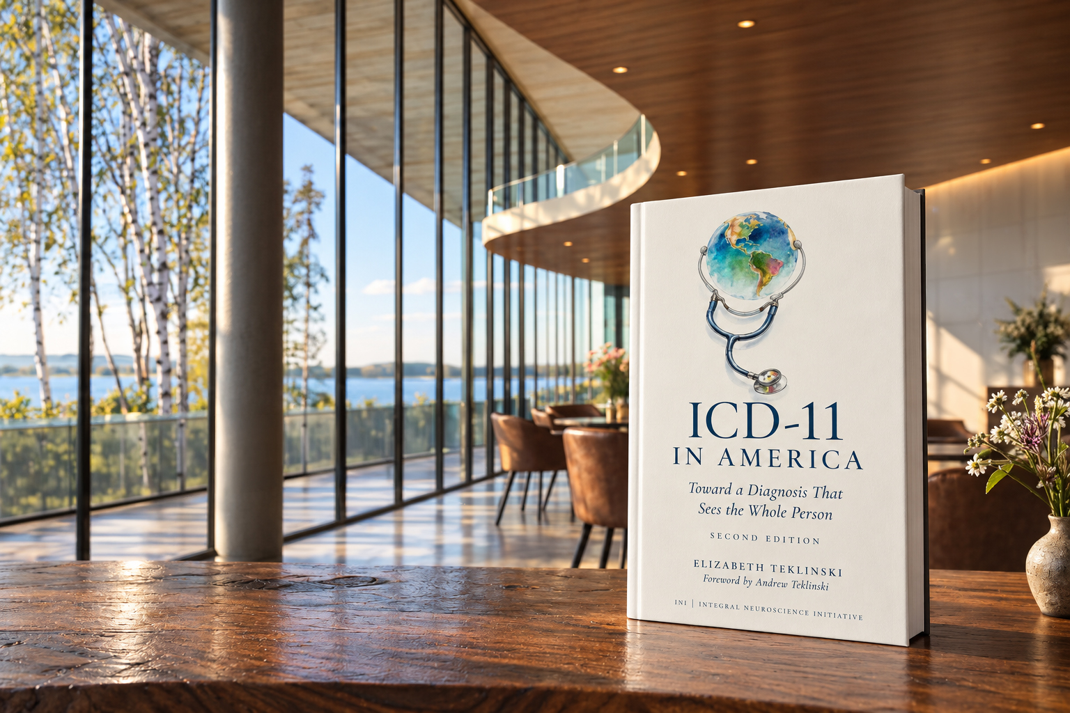 ICD-11 in America, second edition, by Elizabeth Teklinski with a foreword by Andrew Teklinski, displayed in a sunlit lakeside lounge.